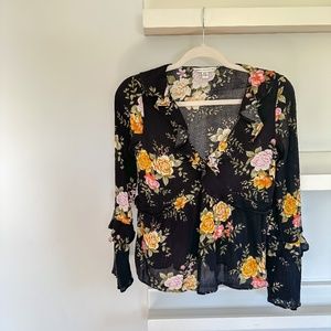 American Eagle Outfitters Black Floral Print Long Sleeve Ruffle Top